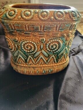 Japanese Tribal Aztec 5.75 x 4.5 Ceramic Planter in Turquoise and Tan by